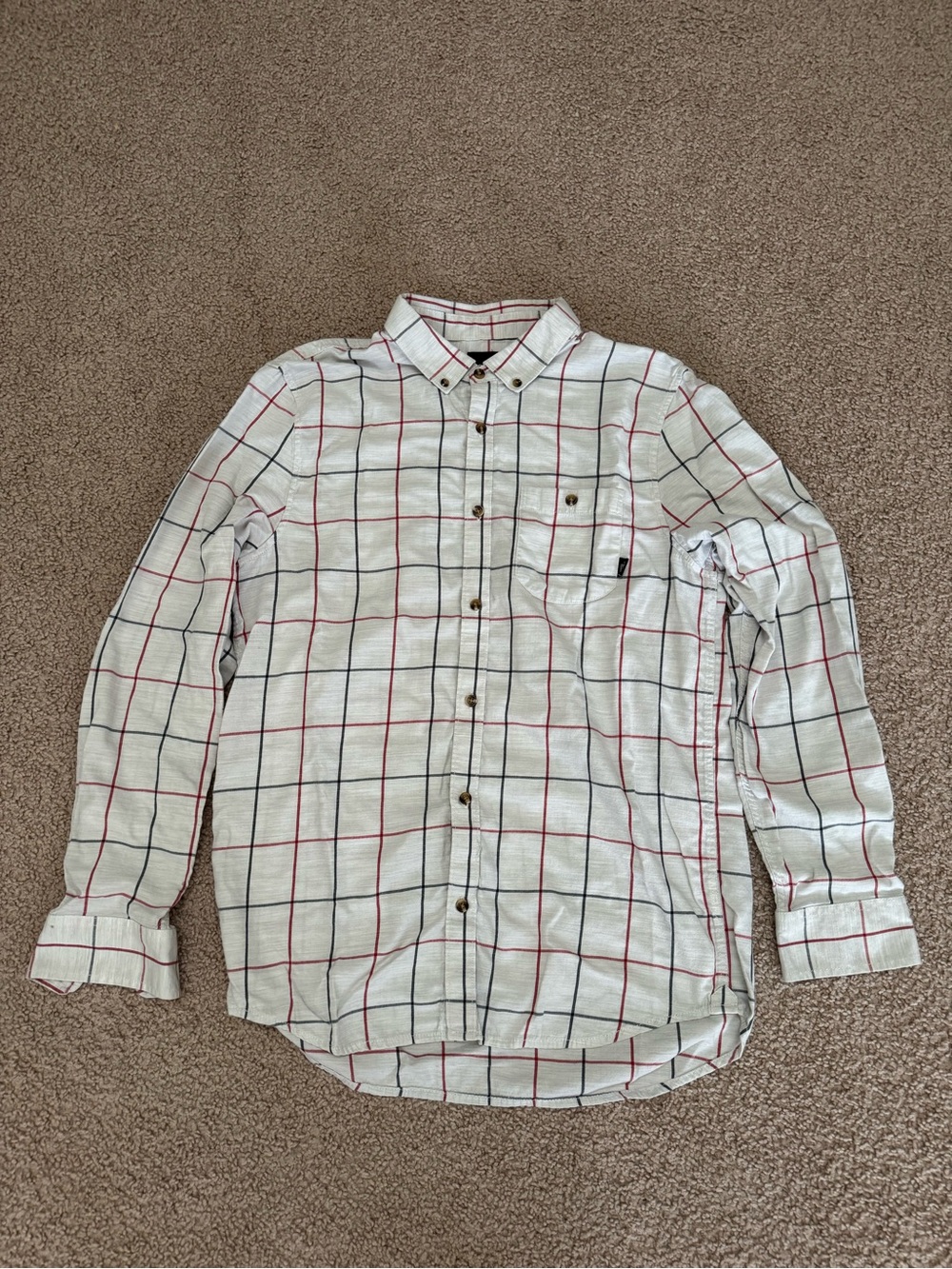 Vans Men's White Plaid Button-Down Shirt with Red and Black Windowpane
